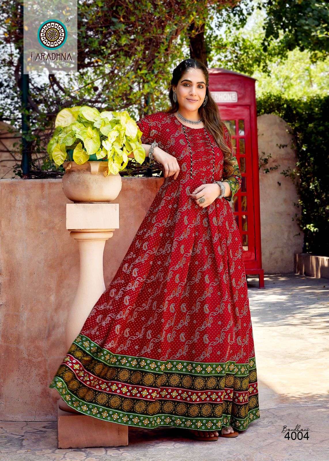 BANDHANI VOL 4 RAYON BANDHANI PRINT EMBROIDERY WORK LIVA TAG LONG GOWN KURTI BY ARADHNA BRAND 4004